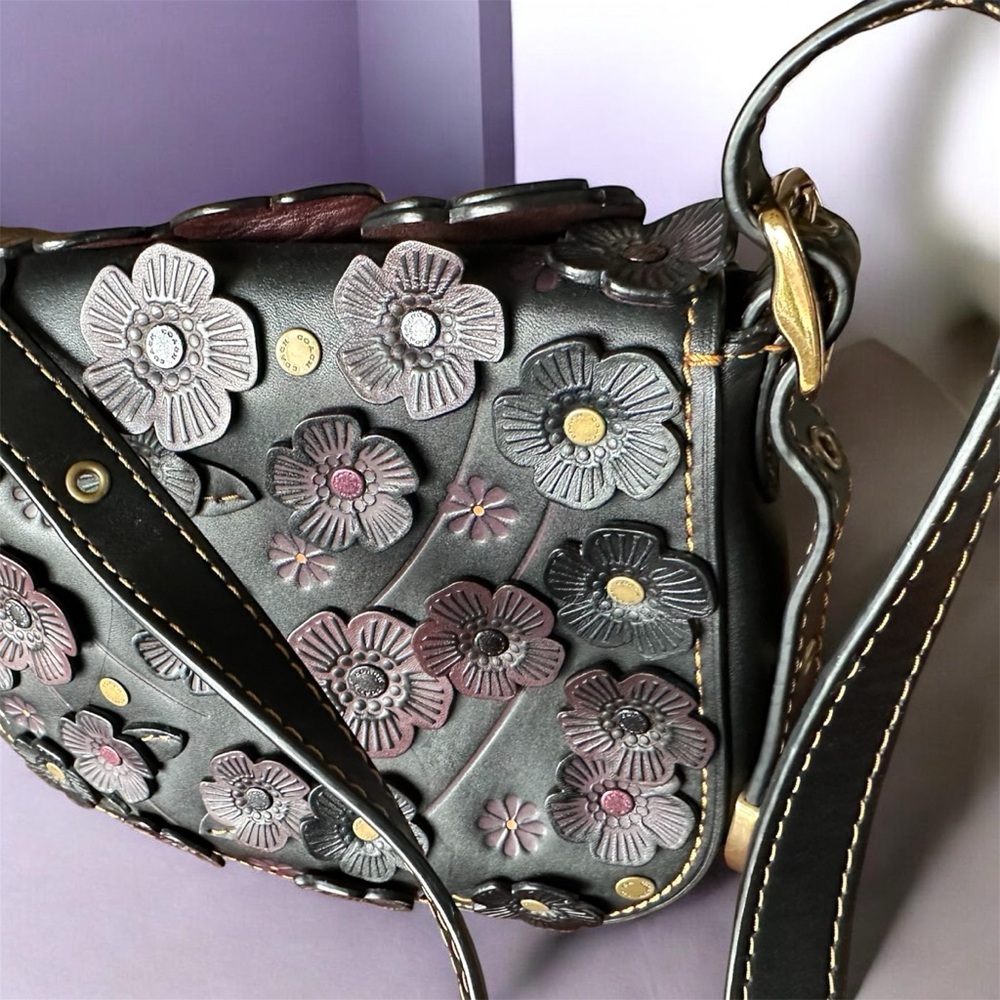 Coach Black Leather Floral Appliqué Crossbody with Mauve Accents